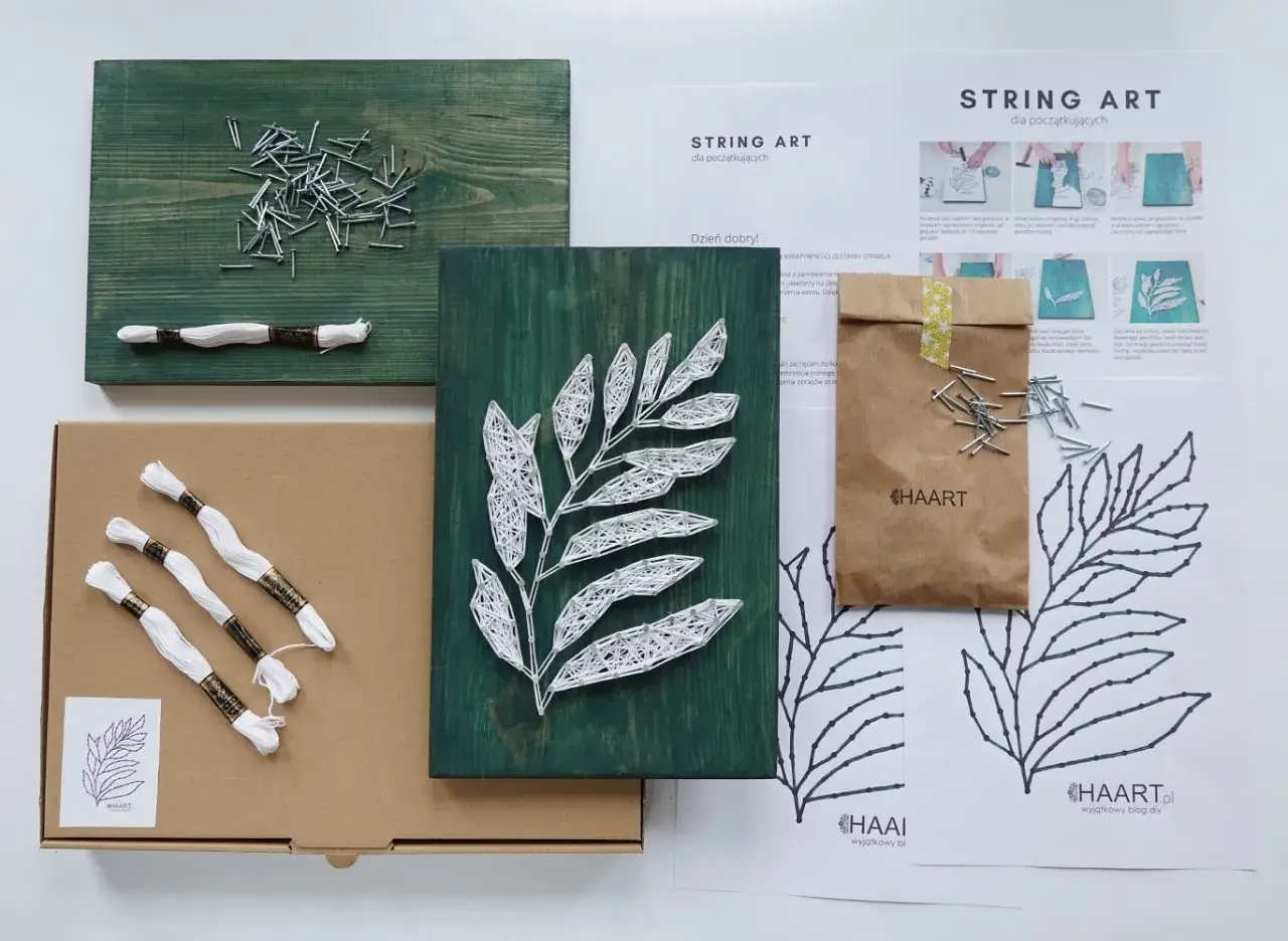 Zestaw do tworzenia obrazów string art z motywem liścia. W pudełku deska, gwoździe, biała nić i instrukcja.