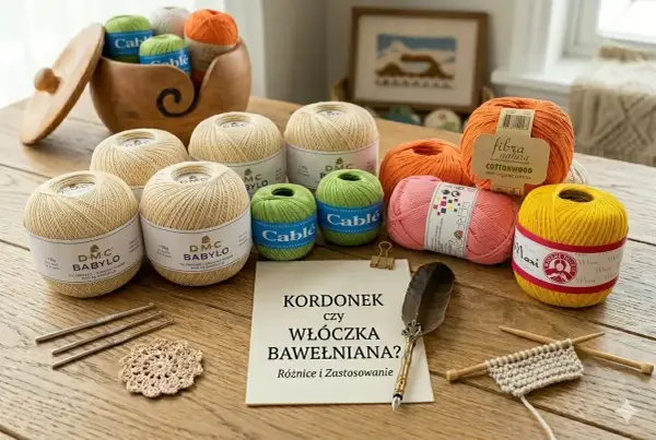 Różne rodzaje włókien: bawełniane kordonki i włóczki w pastelowych kolorach, przybory do szydełkowania i druty.