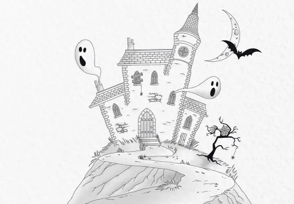 Jak narysować halloween: nawiedzony dom, dwa straszne duszki, nietoperz i księżyc.